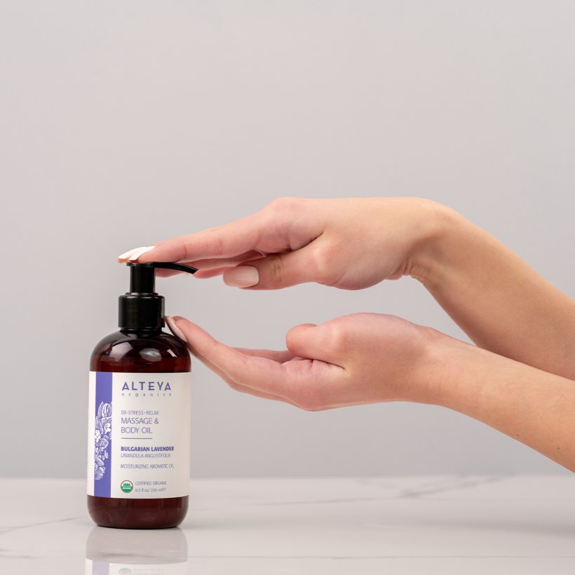 Infused with organic Bulgarian Lavender Oil grown in Alteya’s fragrant gardens, this Moisturizing Aromatic Oil will help you immerse in a world of tranquility, melting away stress and tension. Soothing lavender is combined with sensual ylang-ylang to calm the mind for a moment of total relaxation and balance. A massage session with our Lavender Massage &amp; Body Oil just before bedtime might promote better sleep.