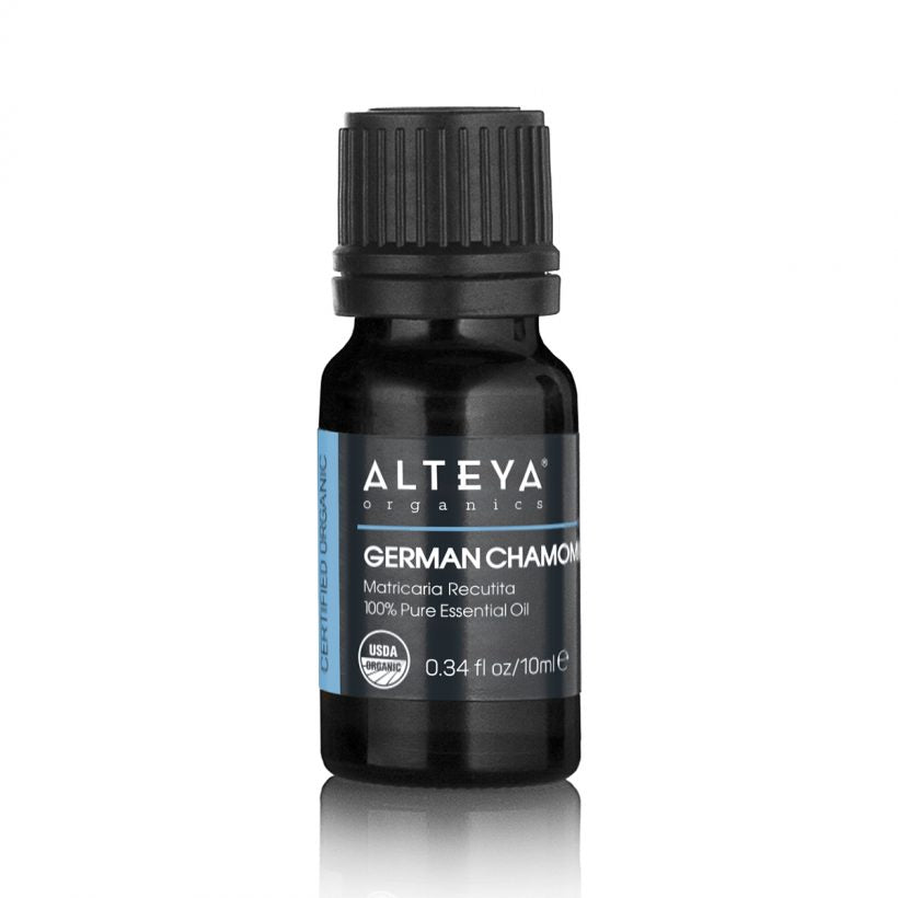 German chamomile oil is best known for its powerful anti-inflammatory properties.  Used cosmetically, German chamomile oil has an extremely good effect on both sensitive skin and skin conditions such as allergies, rashes, eczema and more.  When used in aromatherapy, German chamomile oil has a calming effect on body and mind, balances emotions, reduces feelings of anxiety, fear or irritability.