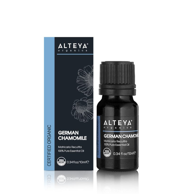 Organic-Essential-Oils-Chamomile-German-Oil-5ml-alteya-organics - Used therapeutically, applied through massage, German chamomile oil is known to reduce pain and discomfort in muscles, joints, or those caused by arthritis. It is also believed that this oil can have a good effect on upset stomach, nausea, and colic. Inhalations with German chamomile oil can relieve unpleasant symptoms associated with common colds or other respiratory diseases.