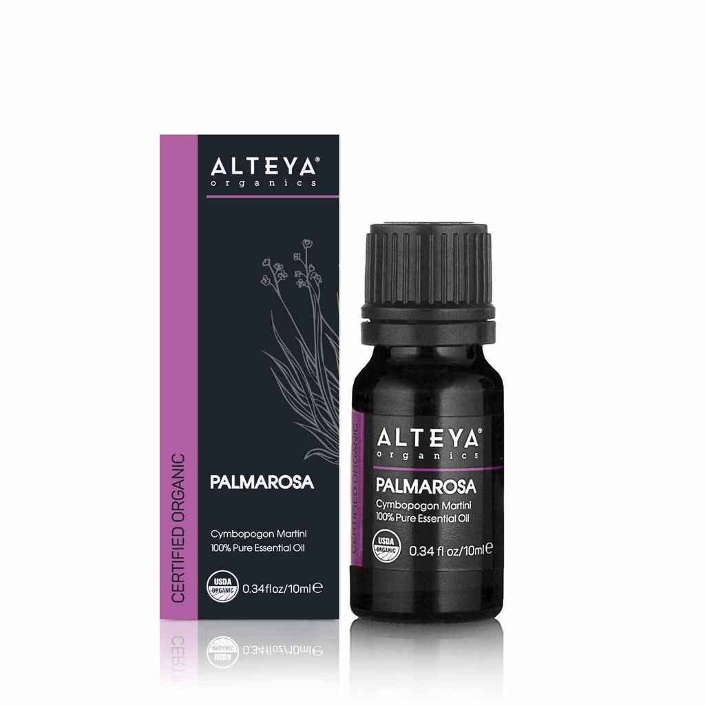 Used cosmetically, palmarosa moisturizes the skin by balancing the levels of hydration and stimulates cell regeneration. It is reputed to help with sensitive skin conditions such as eczema, dermatitis, acne, etc.  Palmarosa essential oil blends well with bergamot, rose, cedarwood, geranium, jasmine, lavender, sandalwood, ylang ylang.