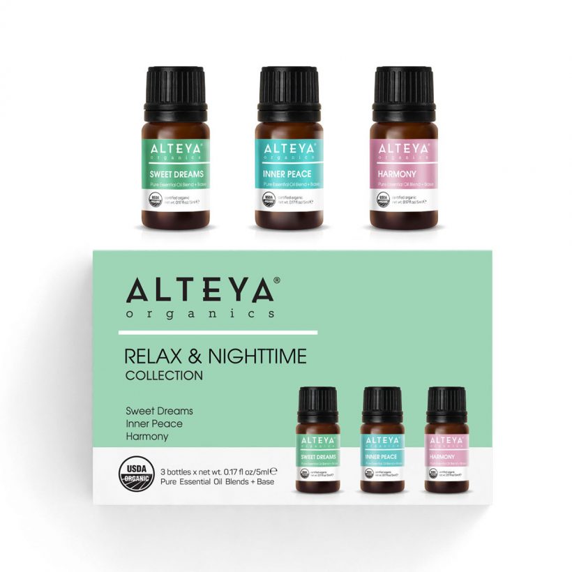 Organic-Essential-Oils-Relax-and-Nighttime-set-Alteya-Organics - Sweet Dreams blend has a soothing floral aroma and contains Lavender, Ylang-Ylang, and Bergamot essential oils.  Inner Peace is a powerful relaxing and recharging blend and contains Lavender, Grapefruit, Bergamot, Peppermint and May Chang essential oils.  Harmony is a special grounding blend – a unique combination of Lavender, Grapefruit, Lemon, and Patchouli essential oils.