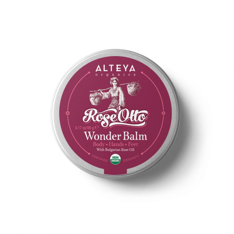 Organic-Rose-Otto-Wonder-Balm-30g-Alteya-Organics - Multi-Purpose Balm for hands, feet, elbows, lips, dry skin, cuticles, bruises, cuts, scrapes and aromatherapy. Soften by rubbing between the palms of the hands and apply onto dry skin to restore moisture and inspire your spirit.