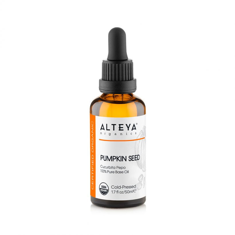Pumpkin seed oil is rich in essential fatty acids, vitamins, and sterols. It contains omega-3 and omega-6 fatty acids, vitamins A and C, zinc, and other trace minerals and vitamins. The oil’s natural and pure properties allow its use in cosmetics. Pumpkin seed oil has a lot of benefits for skin and hair – provides hydration, promotes elasticity and suppleness.