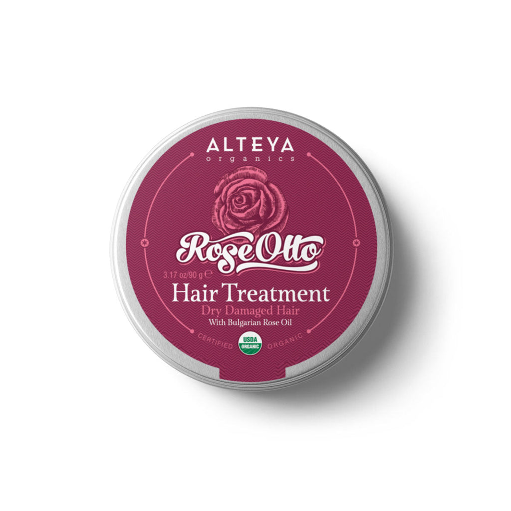 Certified Organic Rose Otto Hair Treatment that fortifies and revitalizes dry, brittle hair. It helps prevent hair breakage and split ends, improves texture, shine and body.