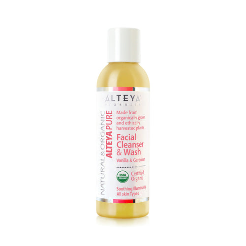 Gentle and Organic, Alteya’s Vanilla &amp; Geranium Facial Cleanser enriched with pure essential oils to gently and effectively clean skin from everyday impurities, make up, and excess oils. Skin looks and feels fresh, soft and healthy. The sensual Vanilla and Geranium soothe and calm skin and help improve skin’s tone and texture.
