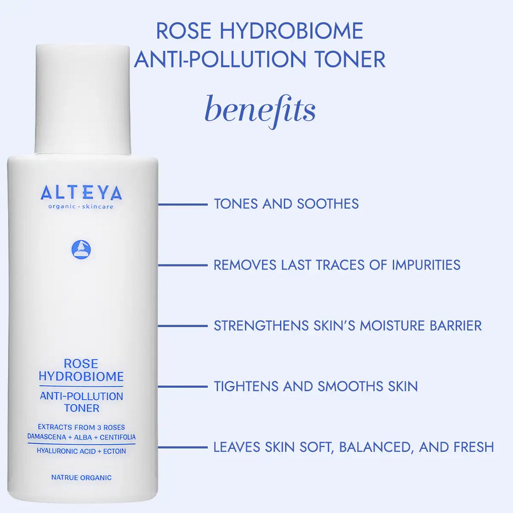 Alteya Rose Hydrobiome Anti-Pollution Toner bottle with benefits listed on a light blue background