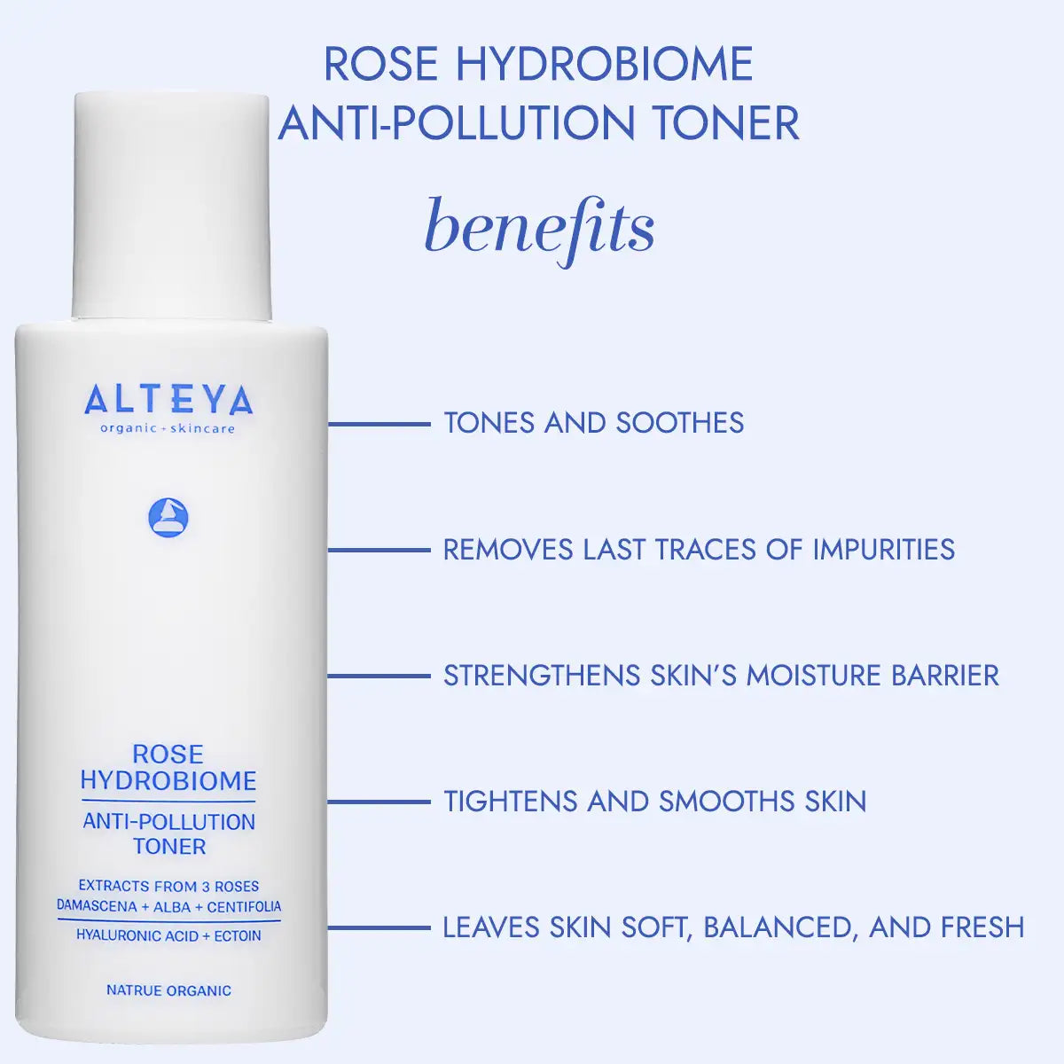 Alteya Rose Hydrobiome Anti-Pollution Toner bottle with benefits listed on a light blue background